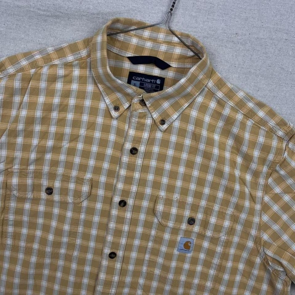 Carhartt Loose‎ Fit Plaid Button Down Short Sleeve Shirt Yellow and White